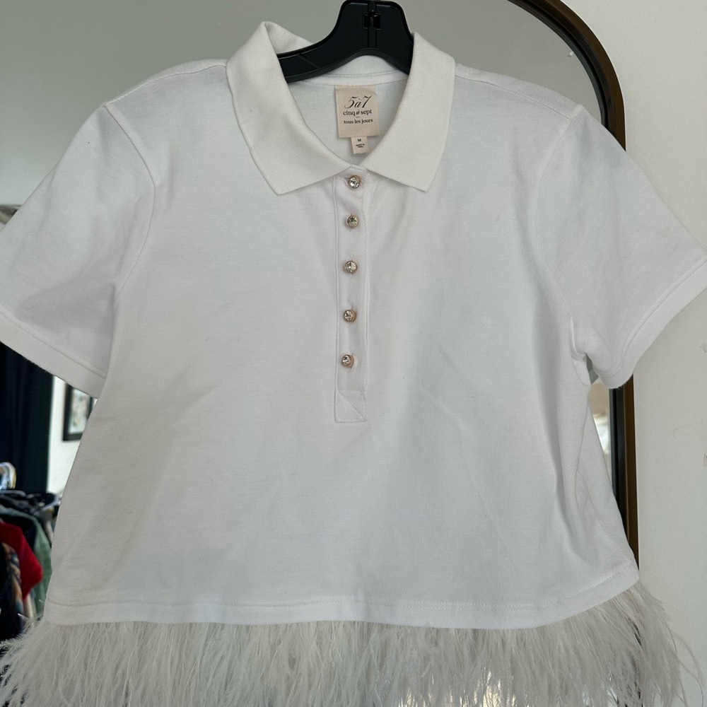 Cinq a Sept White Feather Trim Polo Shirt - Picture 3 of 4
